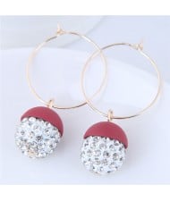 Rhinestone Inlaid Candy Color Ball Pendants Hoop Fashion Earrings - Red