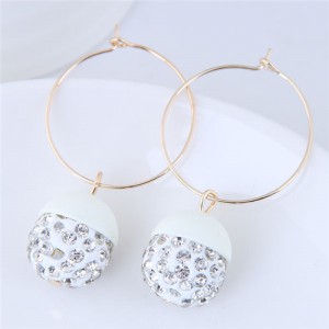 Rhinestone Inlaid Candy Color Ball Pendants Hoop Fashion Earrings - White
