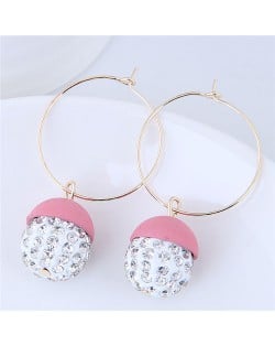 Rhinestone Inlaid Candy Color Ball Pendants Hoop Fashion Earrings - Pink