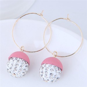 Rhinestone Inlaid Candy Color Ball Pendants Hoop Fashion Earrings - Pink