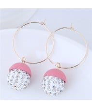 Rhinestone Inlaid Candy Color Ball Pendants Hoop Fashion Earrings - Pink