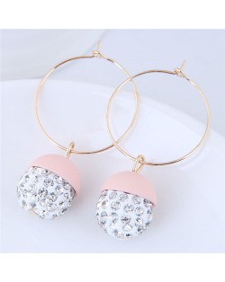 Rhinestone Inlaid Candy Color Ball Pendants Hoop Fashion Earrings - Light Pink