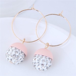 Rhinestone Inlaid Candy Color Ball Pendants Hoop Fashion Earrings - Light Pink
