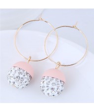 Rhinestone Inlaid Candy Color Ball Pendants Hoop Fashion Earrings - Light Pink