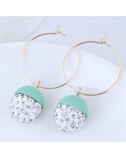 Rhinestone Inlaid Candy Color Ball Pendants Hoop Fashion Earrings - Teal