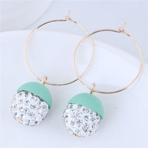 Rhinestone Inlaid Candy Color Ball Pendants Hoop Fashion Earrings - Teal