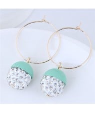 Rhinestone Inlaid Candy Color Ball Pendants Hoop Fashion Earrings - Teal