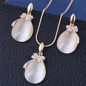 Shining Dragonfly Embellished Opal Waterdrops Costume Necklace and Earrings Set - Golden