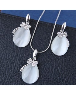 Shining Dragonfly Embellished Opal Waterdrops Costume Necklace and Earrings Set - Silver