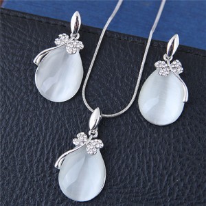 Shining Dragonfly Embellished Opal Waterdrops Costume Necklace and Earrings Set - Silver