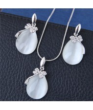 Shining Dragonfly Embellished Opal Waterdrops Costume Necklace and Earrings Set - Silver