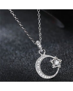 Cubic Zirconia Inlaid Moon and Star Delicate Fashion Necklace