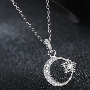 Cubic Zirconia Inlaid Moon and Star Delicate Fashion Necklace