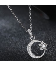 Cubic Zirconia Inlaid Moon and Star Delicate Fashion Necklace