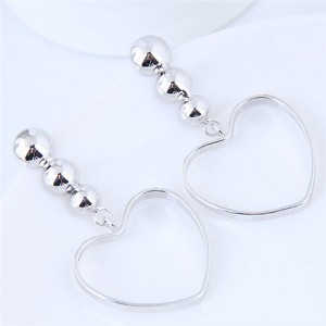 Peach Heart Pendant Bold Fashion Costume Earrings - Silver