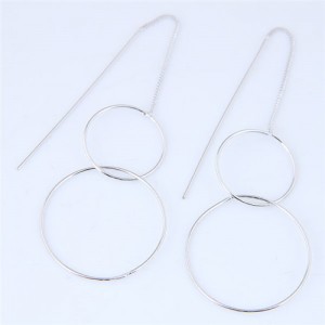 Dangling Hooked Rings Design High Fashion Earrings - Silver