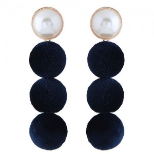Flannel Buttons Pearl Fashion Stud Earrings - Dark Blue