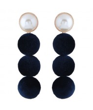 Flannel Buttons Pearl Fashion Stud Earrings - Dark Blue