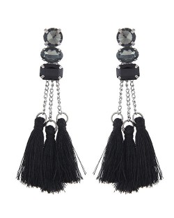 Resin Gems Inlaid Cotton Threads Tassel Women Fashion Earrings - Black