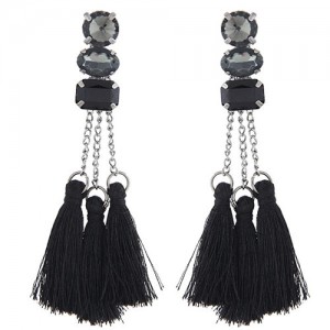 Resin Gems Inlaid Cotton Threads Tassel Women Fashion Earrings - Black