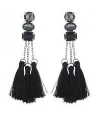 Resin Gems Inlaid Cotton Threads Tassel Women Fashion Earrings - Black