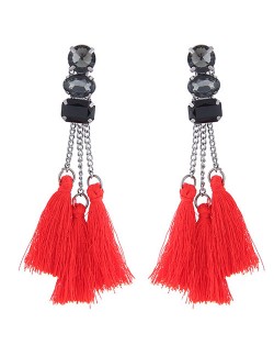 Resin Gems Inlaid Cotton Threads Tassel Women Fashion Earrings - Red