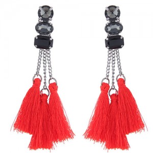 Resin Gems Inlaid Cotton Threads Tassel Women Fashion Earrings - Red