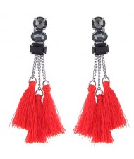 Resin Gems Inlaid Cotton Threads Tassel Women Fashion Earrings - Red