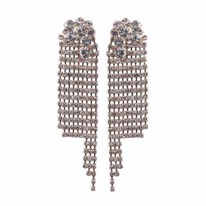 Glistening Rhinestone Long Tassel High Fashion Women Earrings - Golden