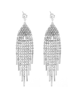 Glistening Rhinestone Long Tassel High Fashion Women Earrings - Silver