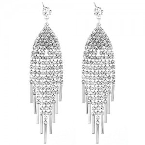 Glistening Rhinestone Long Tassel High Fashion Women Earrings - Silver