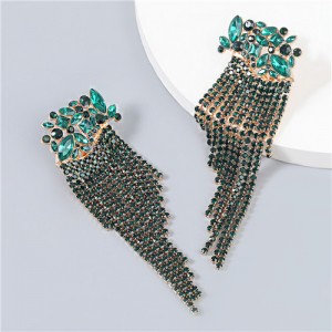 Glistening Rhinestone Long Tassel High Fashion Women Earrings - Ink Green