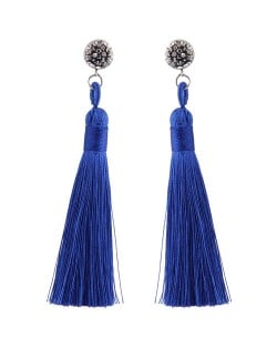 Rhinestone Shining Flower with Cotton Threads Tassel Design High Fashion Stud Earrings - Blue