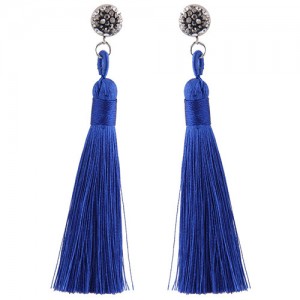 Rhinestone Shining Flower with Cotton Threads Tassel Design High Fashion Stud Earrings - Blue