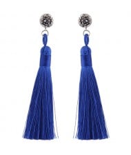 Rhinestone Shining Flower with Cotton Threads Tassel Design High Fashion Stud Earrings - Blue