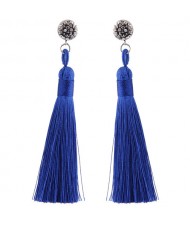 Rhinestone Shining Flower with Cotton Threads Tassel Design High Fashion Stud Earrings - Blue