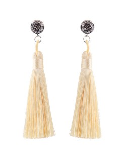 Rhinestone Shining Flower with Cotton Threads Tassel Design High Fashion Stud Earrings - White