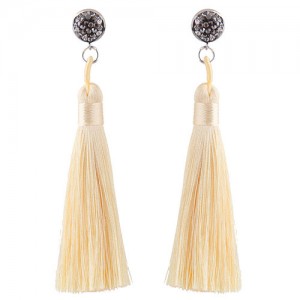 Rhinestone Shining Flower with Cotton Threads Tassel Design High Fashion Stud Earrings - White