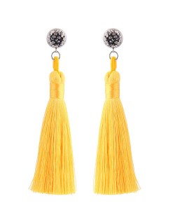 Rhinestone Shining Flower with Cotton Threads Tassel Design High Fashion Stud Earrings - Yellow