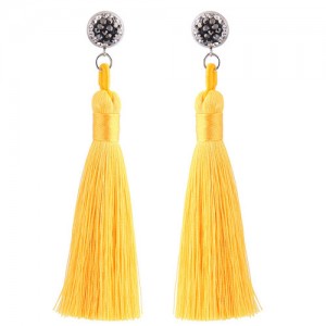 Rhinestone Shining Flower with Cotton Threads Tassel Design High Fashion Stud Earrings - Yellow