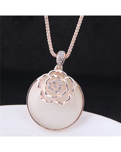 Hollow Golden Flower Attached Round Opal Pendant High Fashion Costume Necklace