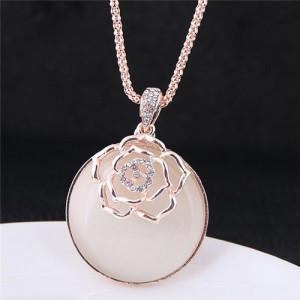 Hollow Golden Flower Attached Round Opal Pendant High Fashion Costume Necklace