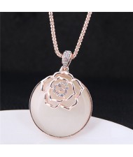 Hollow Golden Flower Attached Round Opal Pendant High Fashion Costume Necklace