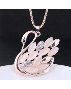 Opal Beads Feather Swan Pendant Long Fashion Necklace