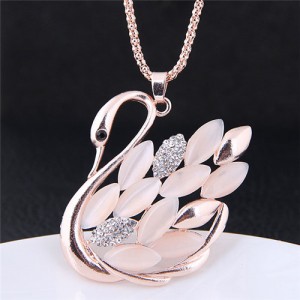 Opal Beads Feather Swan Pendant Long Fashion Necklace