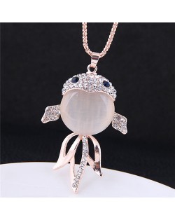 Rhinestone Embellished Opal Golden Fish Pendant High Fashion Necklace