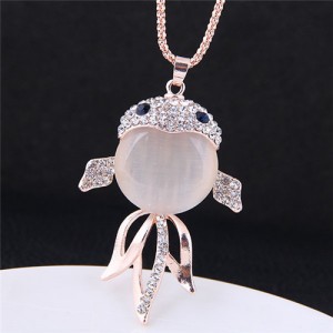Rhinestone Embellished Opal Golden Fish Pendant High Fashion Necklace