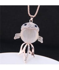 Rhinestone Embellished Opal Golden Fish Pendant High Fashion Necklace
