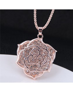 Shining Rhinestone Inlaid Hollow Rose Pendant Long Fashion Necklace