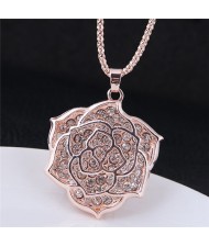 Shining Rhinestone Inlaid Hollow Rose Pendant Long Fashion Necklace